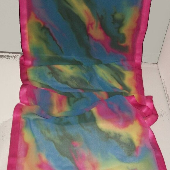 Vtg Hand-Dyed Silk Chiffon & Satin Foulard Scarf Shawl 70" X 15" - Picture 5 of 11